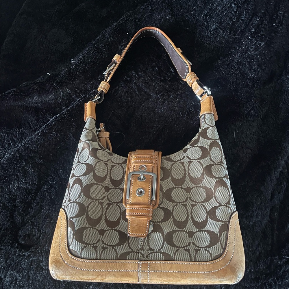 Coach Brown and Tan Shoulder Bag with Signature Monogram